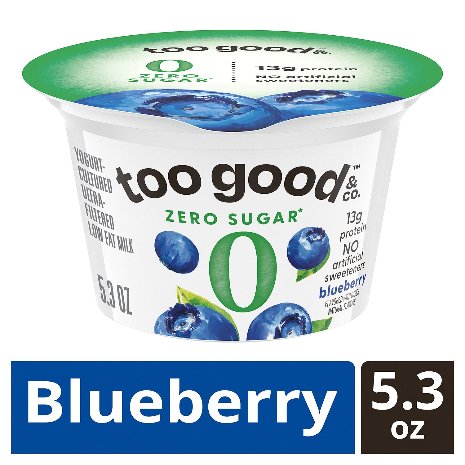 Too Good &amp; Co. Blueberry Zero Sugar Yogurt-Cultured Ultra-Filtered Low Fat Milk, 5.3 oz