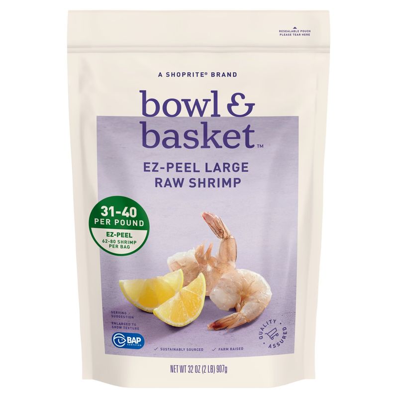 Bowl &amp; Basket Ez-Peel Raw Shrimp, Large, 62-80 shrimp per bag, 32 oz