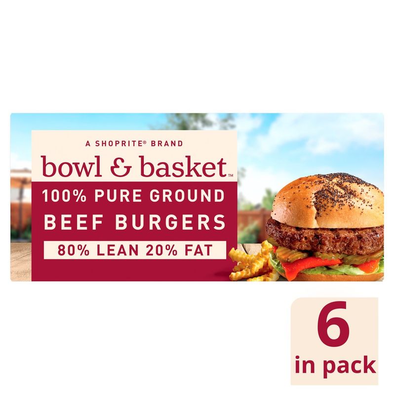 Bowl &amp; Basket 80% Lean 20% Fat Beef Burgers, 1/3 lb, 6 count