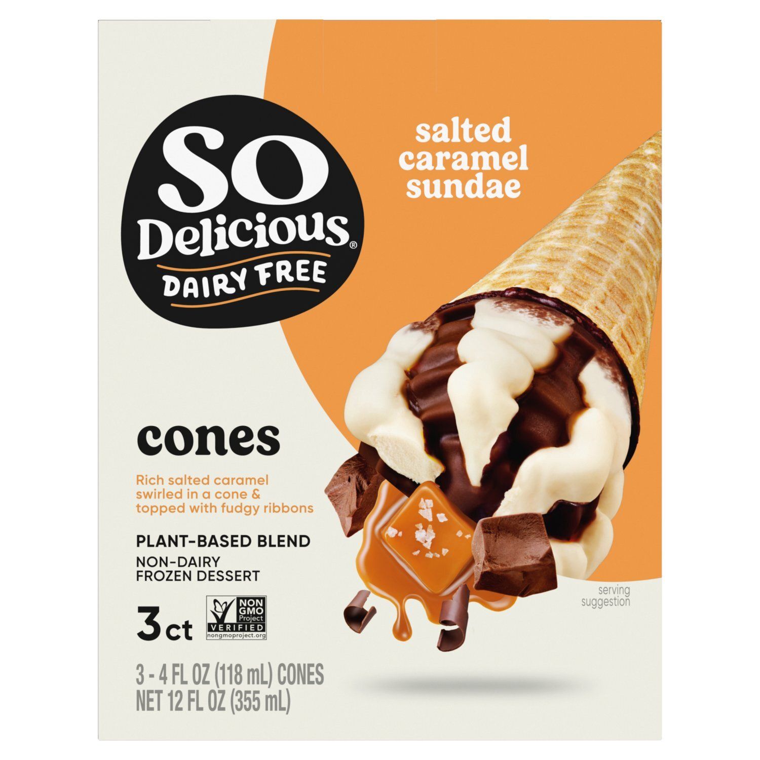 So Delicious Dairy Free Salted Caramel Sundae Non-Dairy Frozen Dessert Cones, 4 fl oz, 3 count