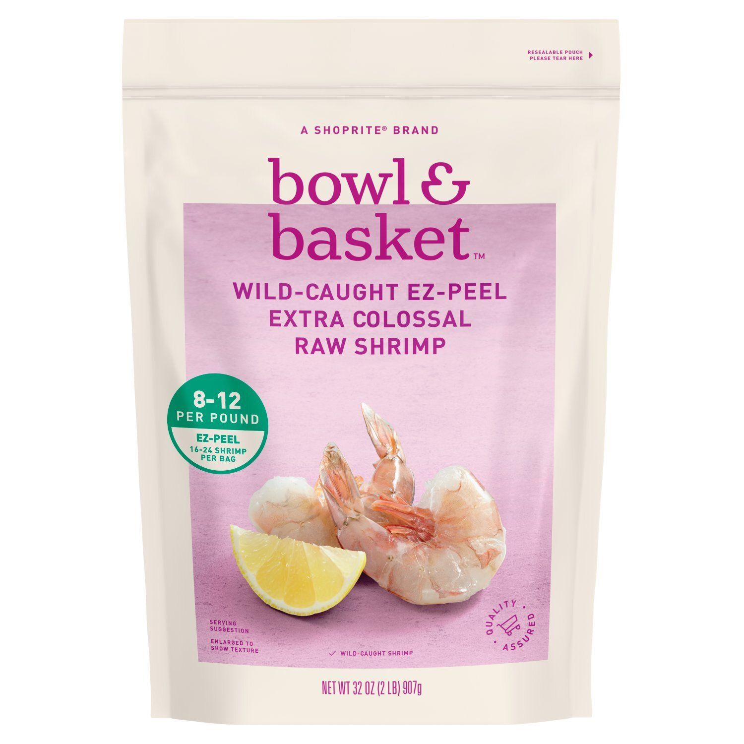 Bowl &amp; Basket Wild-Caught Ez-Peel Raw Shrimp, Extra Colossal, 16-24 shrimp per bag, 32 oz