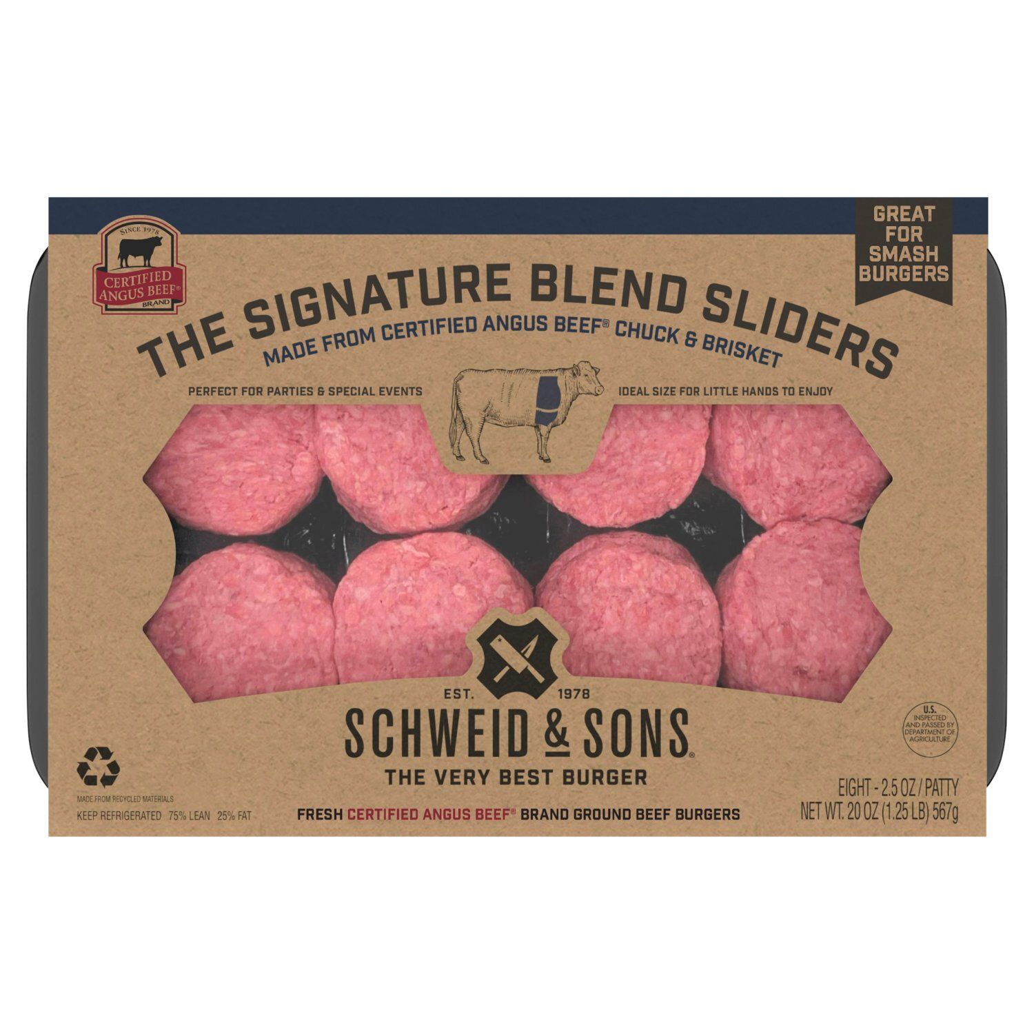 Schweid &amp; Sons CAB The Signature Blend Sliders Ground Beef Burgers, 2.5 oz, 8 count