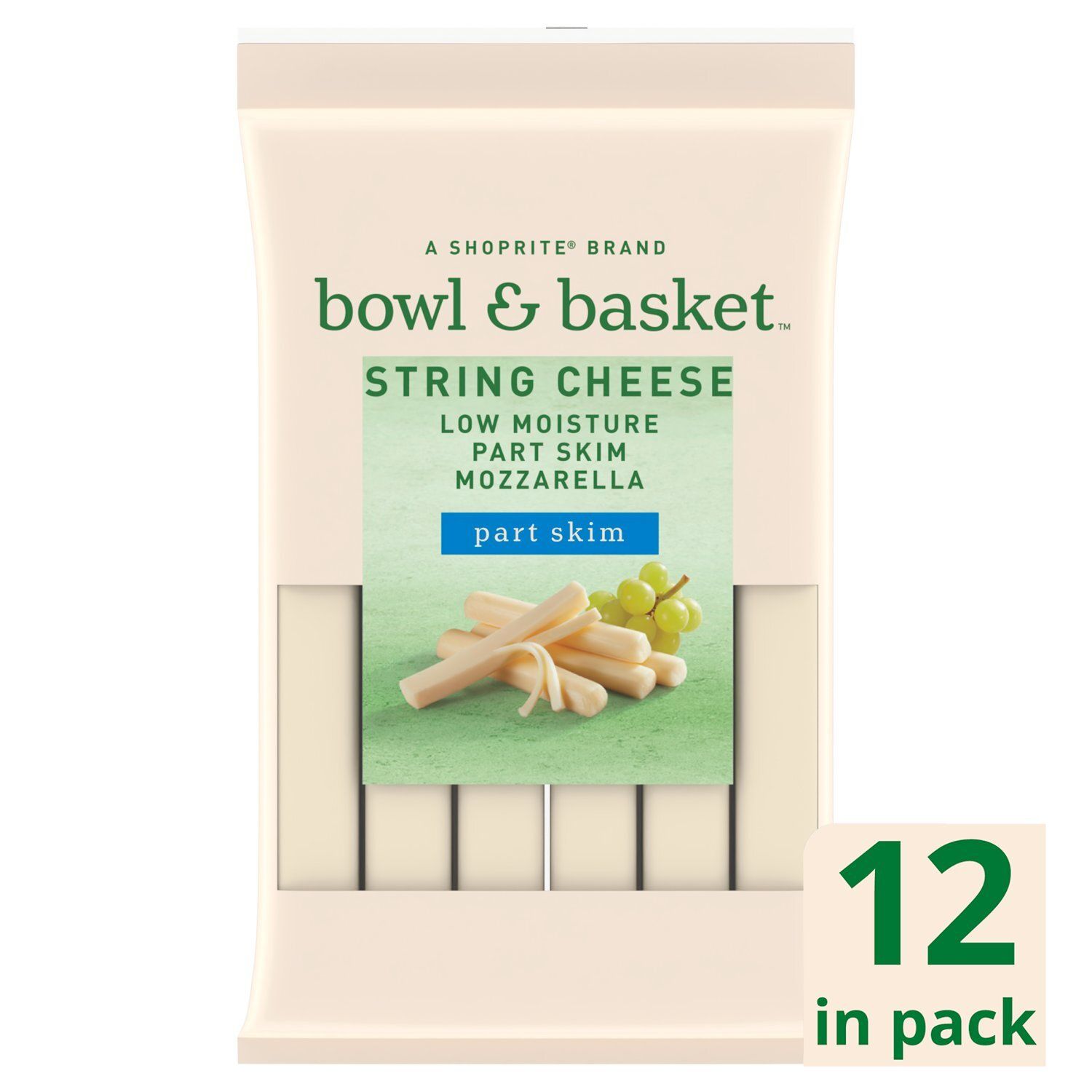Bowl &amp; Basket Low Moisture Part Skim Mozzarella String Cheese, 12 count, 12 oz