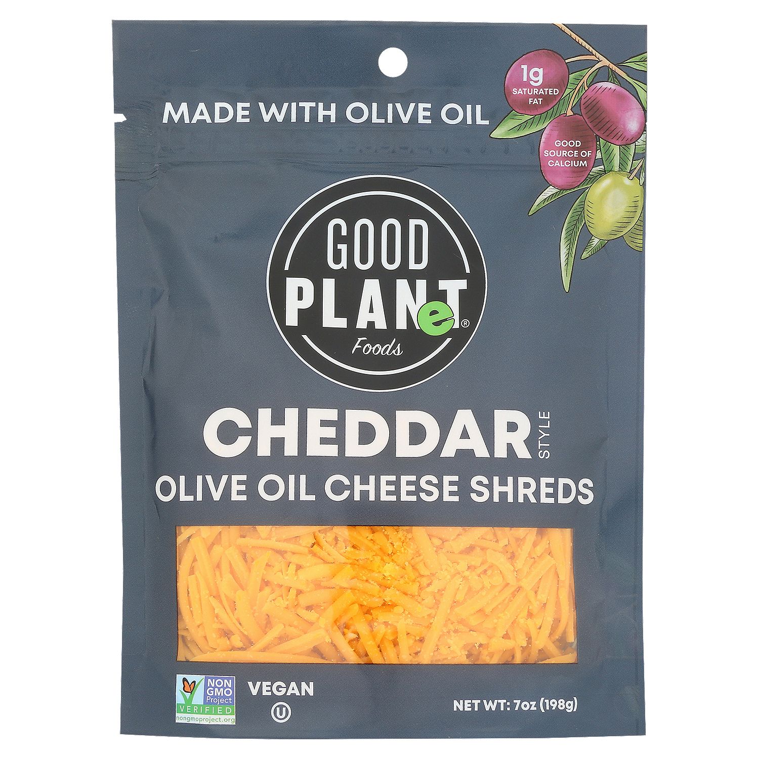 Good Planet Foods Cheddar Style Olive Oil Cheese Shreds, 7 oz