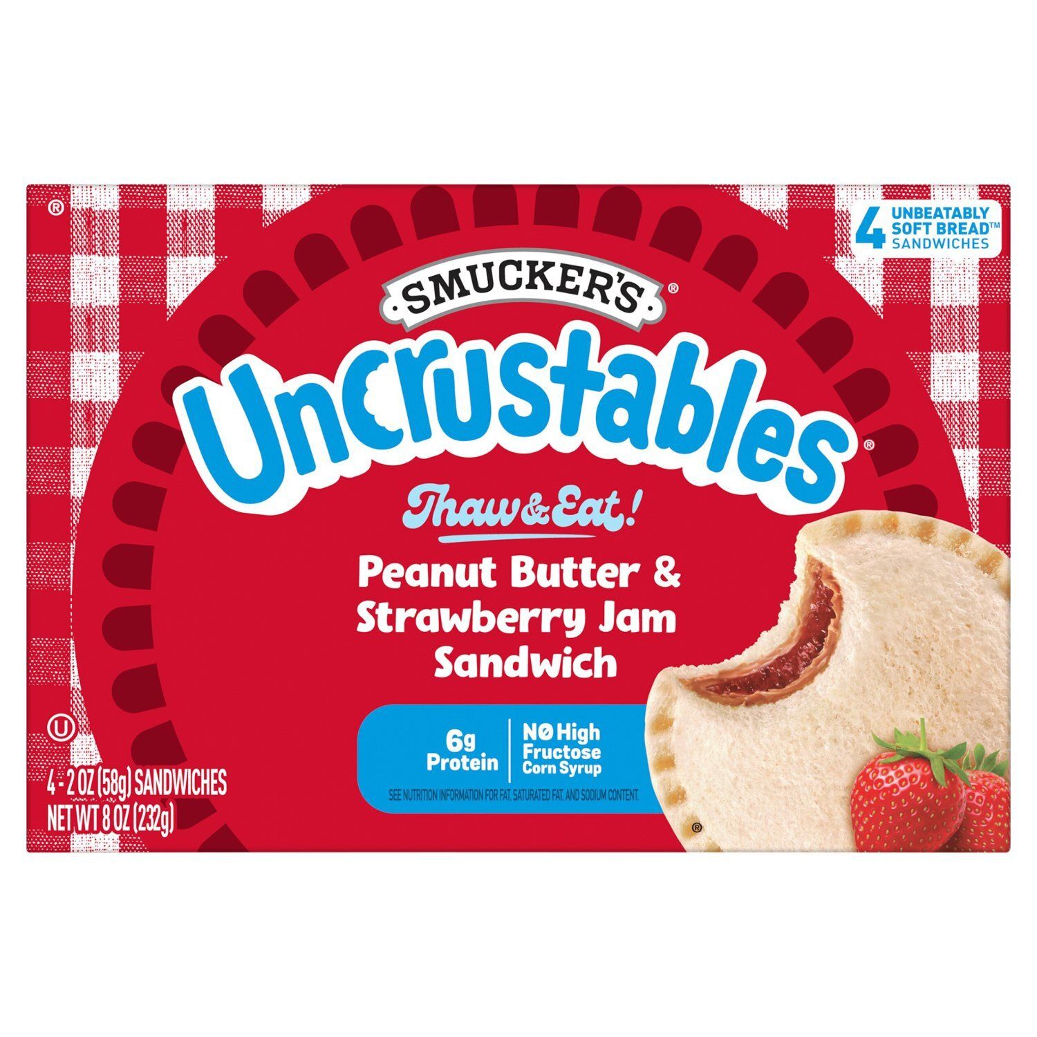 Smucker&#39;s Uncrustables Peanut Butter &amp; Strawberry Jam Sandwich, 4 count, 2 oz