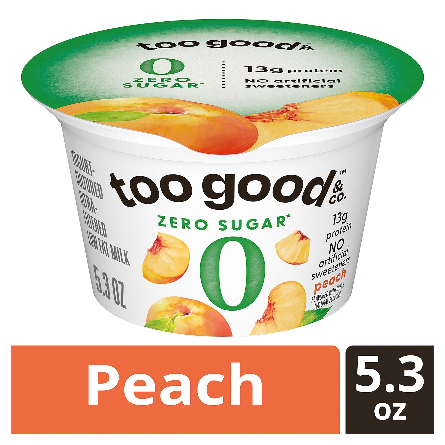 Too Good &amp; Co. Peach Zero Sugar Yogurt-Cultured Ultra-Filtered Low Fat Milk, 5.3 oz