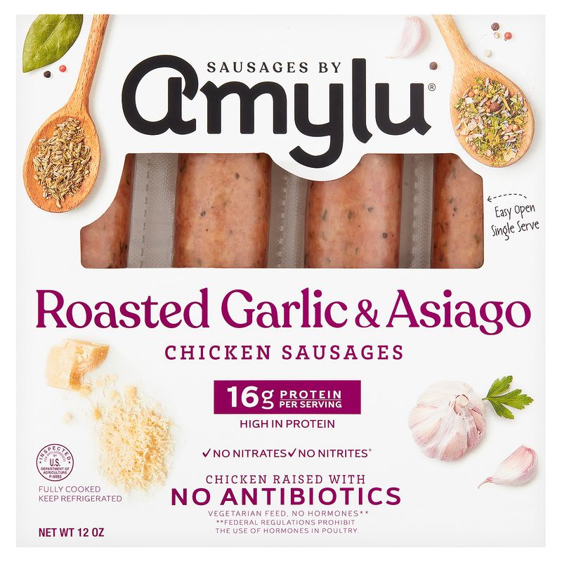 Amylu Roasted Garlic &amp; Asiago Chicken Sausages, 12 oz