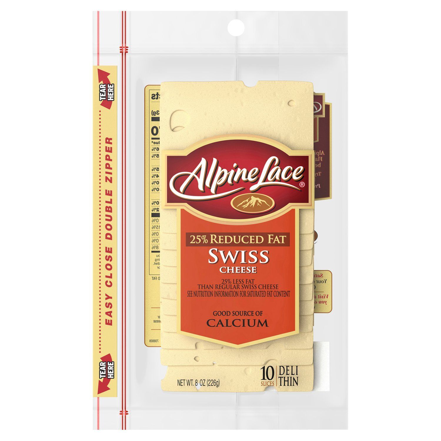 Alpine Lace 25% Reduced Fat Swiss Cheese Packaged Slices, 8oz 10 Slices