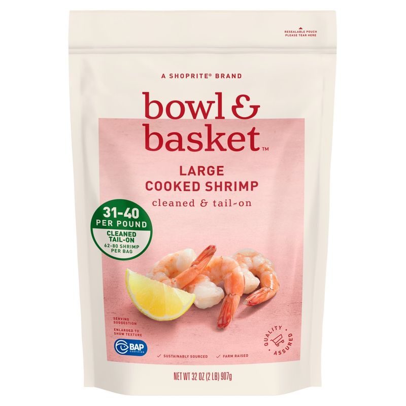 Bowl &amp; Basket Cleaned &amp; Tail-On Cooked Shrimp, Large, 62-80 shrimp per bag, 32 oz