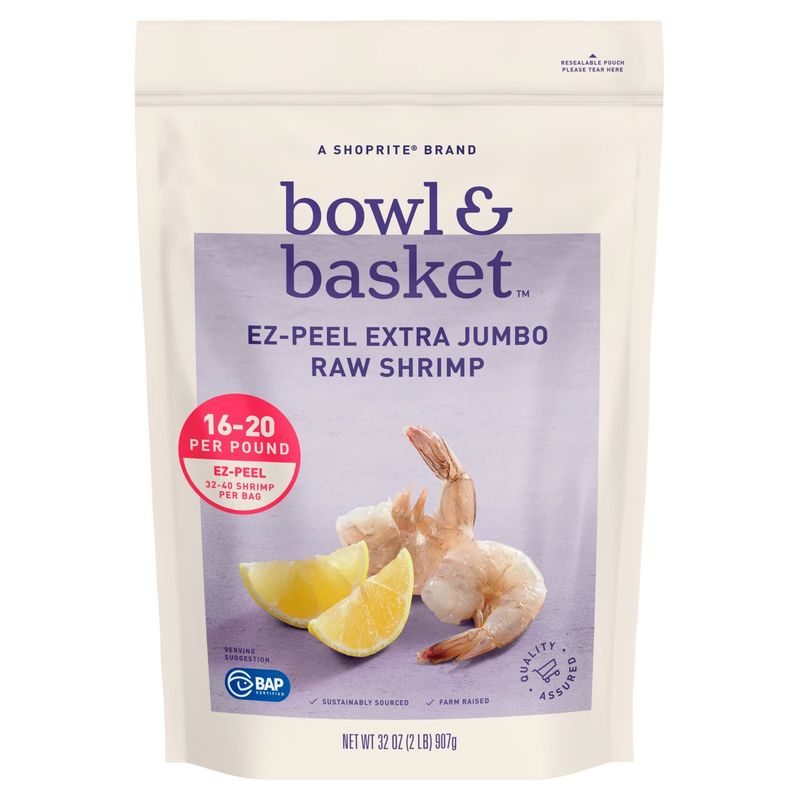 Bowl &amp; Basket Ez-Peel Raw Shrimp, Extra Jumbo, 32-40 shrimp per bag, 32 oz