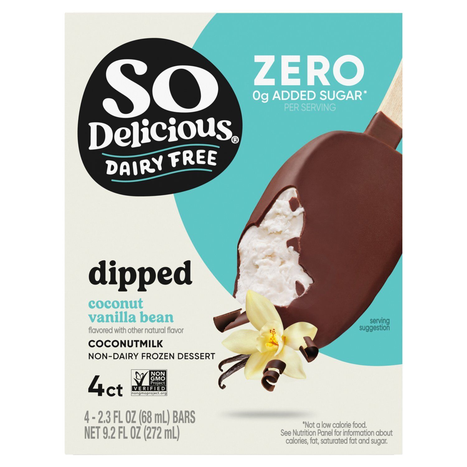 So Delicious Dairy Free Zero Coconut Vanilla Bean Dipped Frozen Dessert, 2.3 fl oz, 4 count