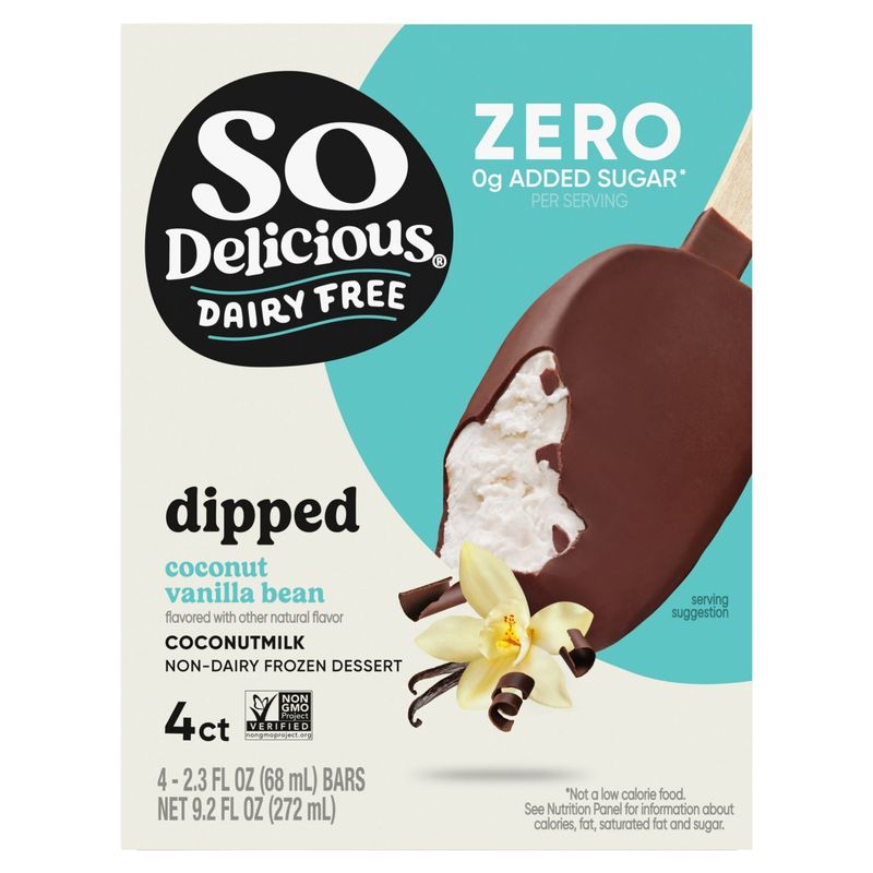 So Delicious Dairy Free Zero Coconut Vanilla Bean Dipped Frozen Dessert, 2.3 fl oz, 4 count