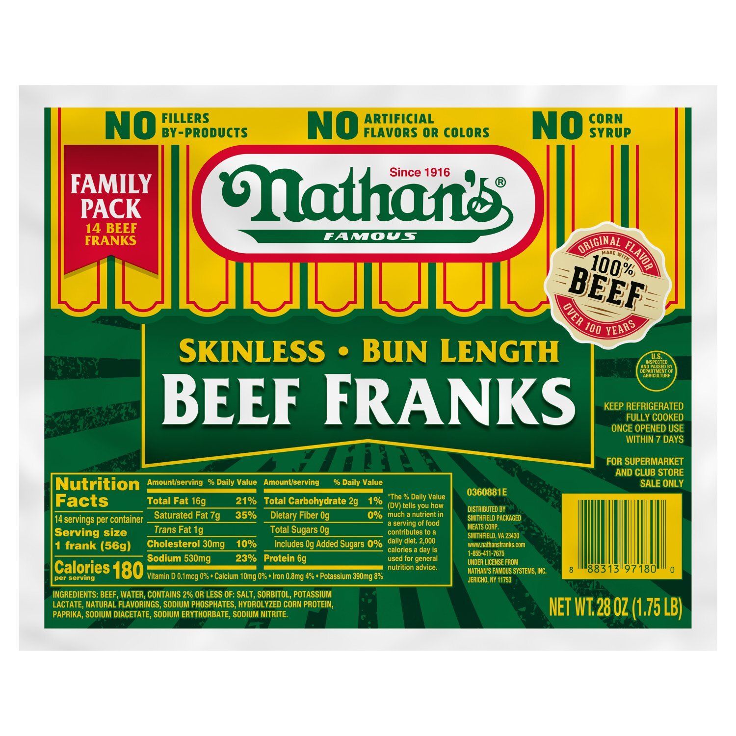 Nathan&#39;s Famous Skinless Bun Length Beef Franks Family Pack, 14 count, 28 oz