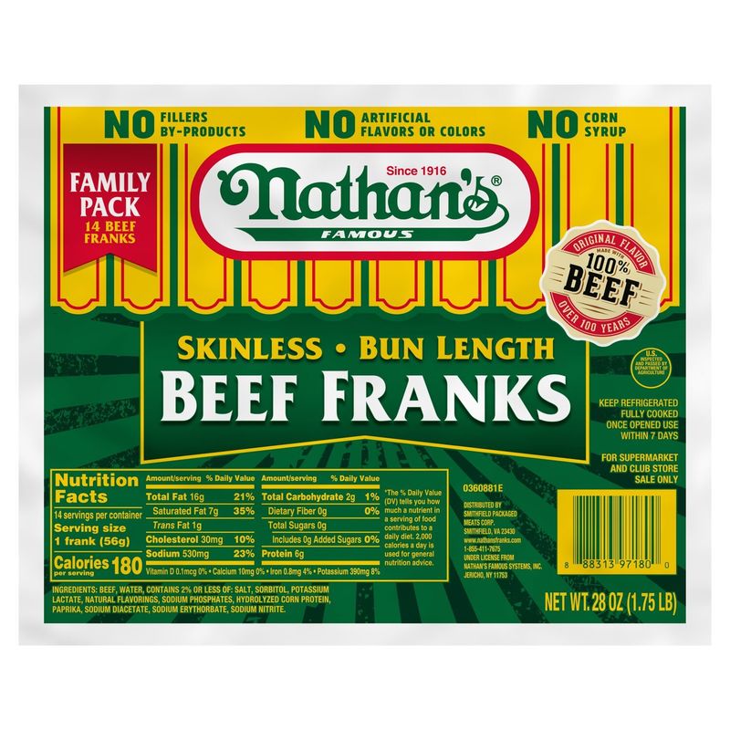 Nathan&#39;s Famous Skinless Bun Length Beef Franks Family Pack, 14 count, 28 oz