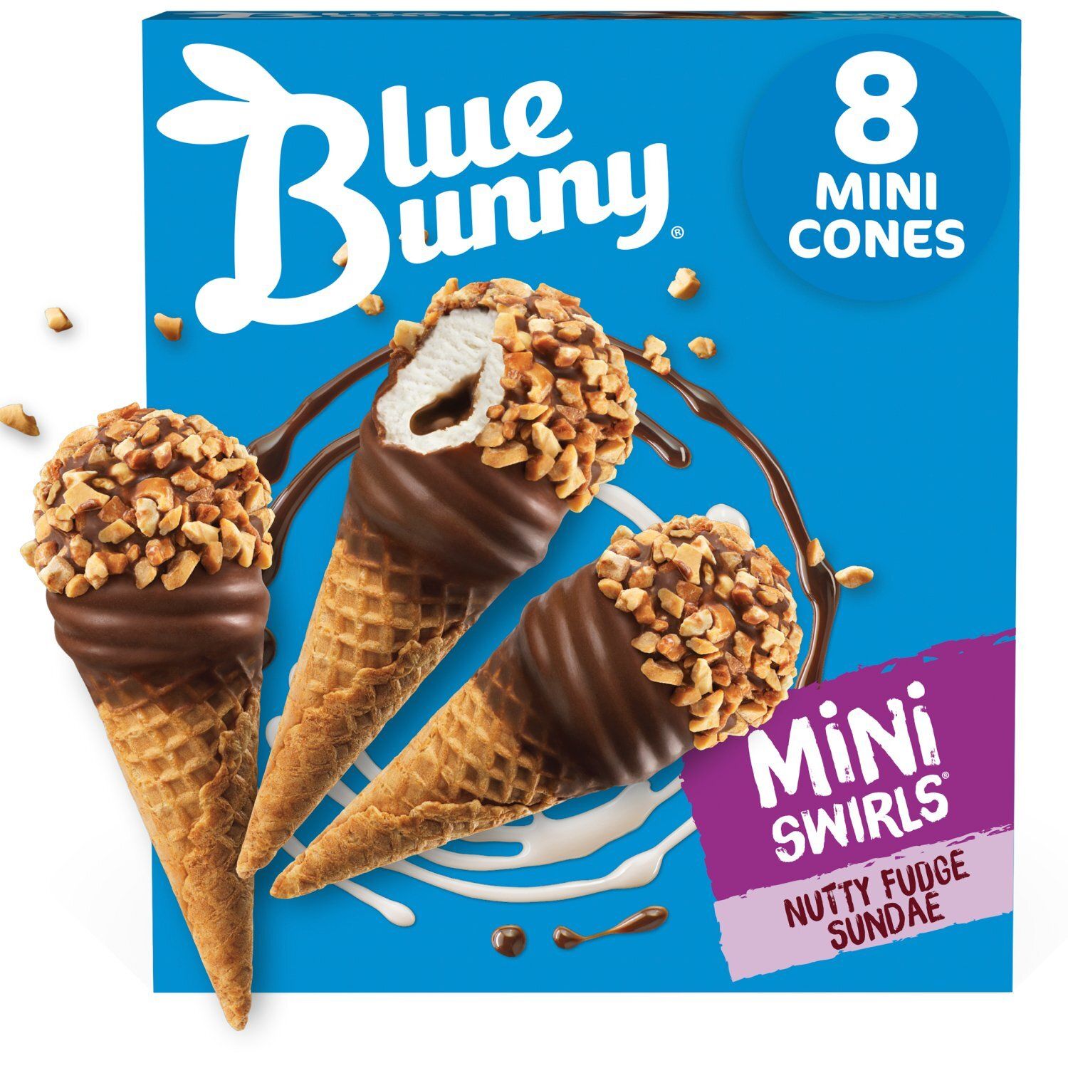 Blue Bunny Mini Swirls Nutty Fudge Sundae Frozen Dairy Dessert, 2.3 fl oz, 8 count