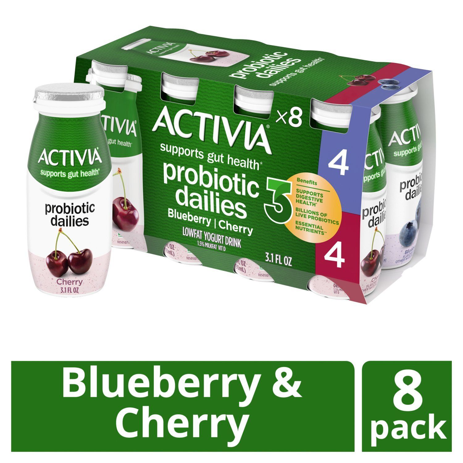 Activia Probiotic Dailies Blueberry &amp; Cherry Low Fat Yogurt Drink, 3.1 fl oz, 8 count