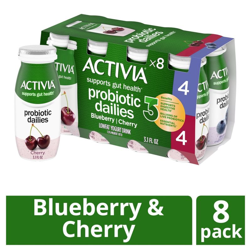 Activia Probiotic Dailies Blueberry &amp; Cherry Low Fat Yogurt Drink, 3.1 fl oz, 8 count