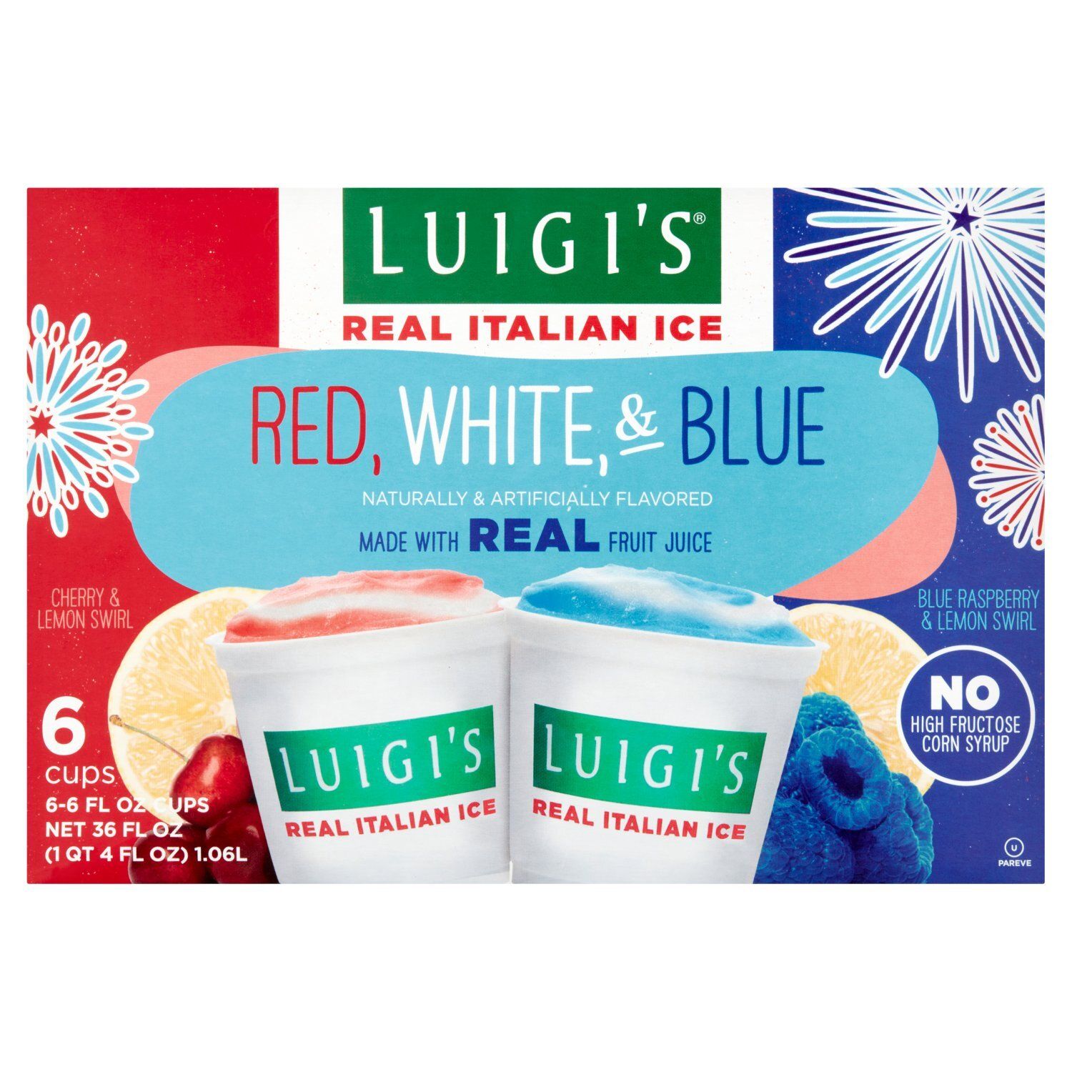 Luigi&#39;s Cherry &amp; Lemon and Blue Raspberry &amp; Lemon Swirl Real Italian Ice, 6 fl oz, 6 count