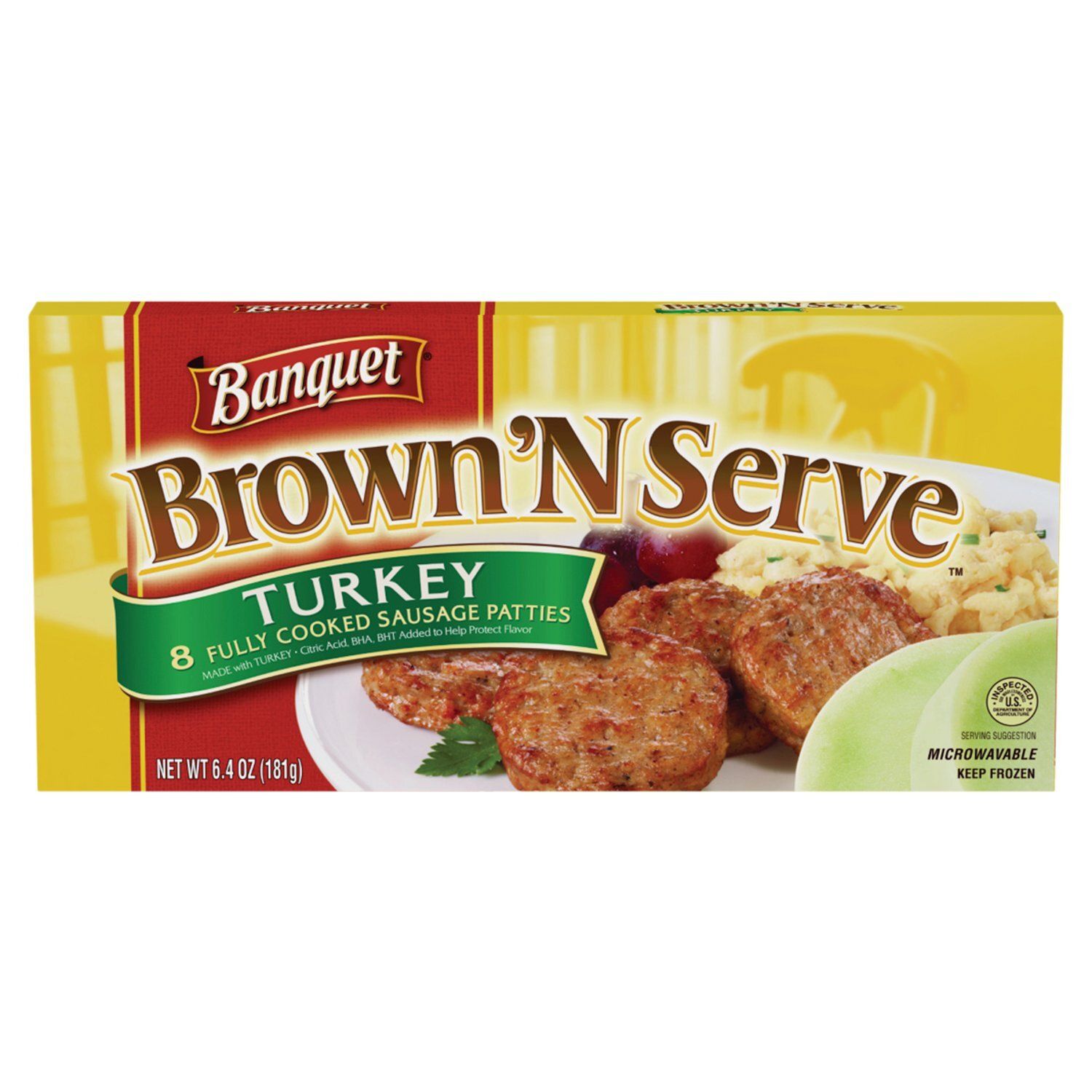 Banquet Brown &#39;N Serve Turkey Fully Cooked Sausage Patties, 8 count, 6.4 oz
