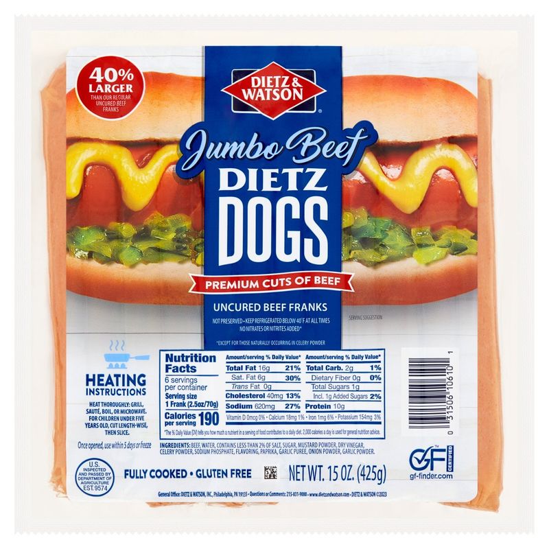 Dietz &amp; Watson Dietz Dogs Uncured Jumbo Beef Franks, 15 oz