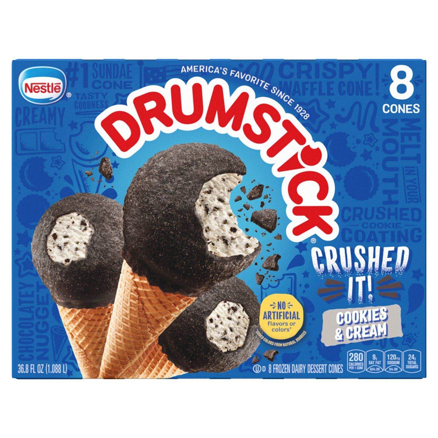 Nestlé Drumstick Crushed It! Cookies &amp; Cream Frozen Dairy Dessert Cones, 8 count, 36.8 fl oz