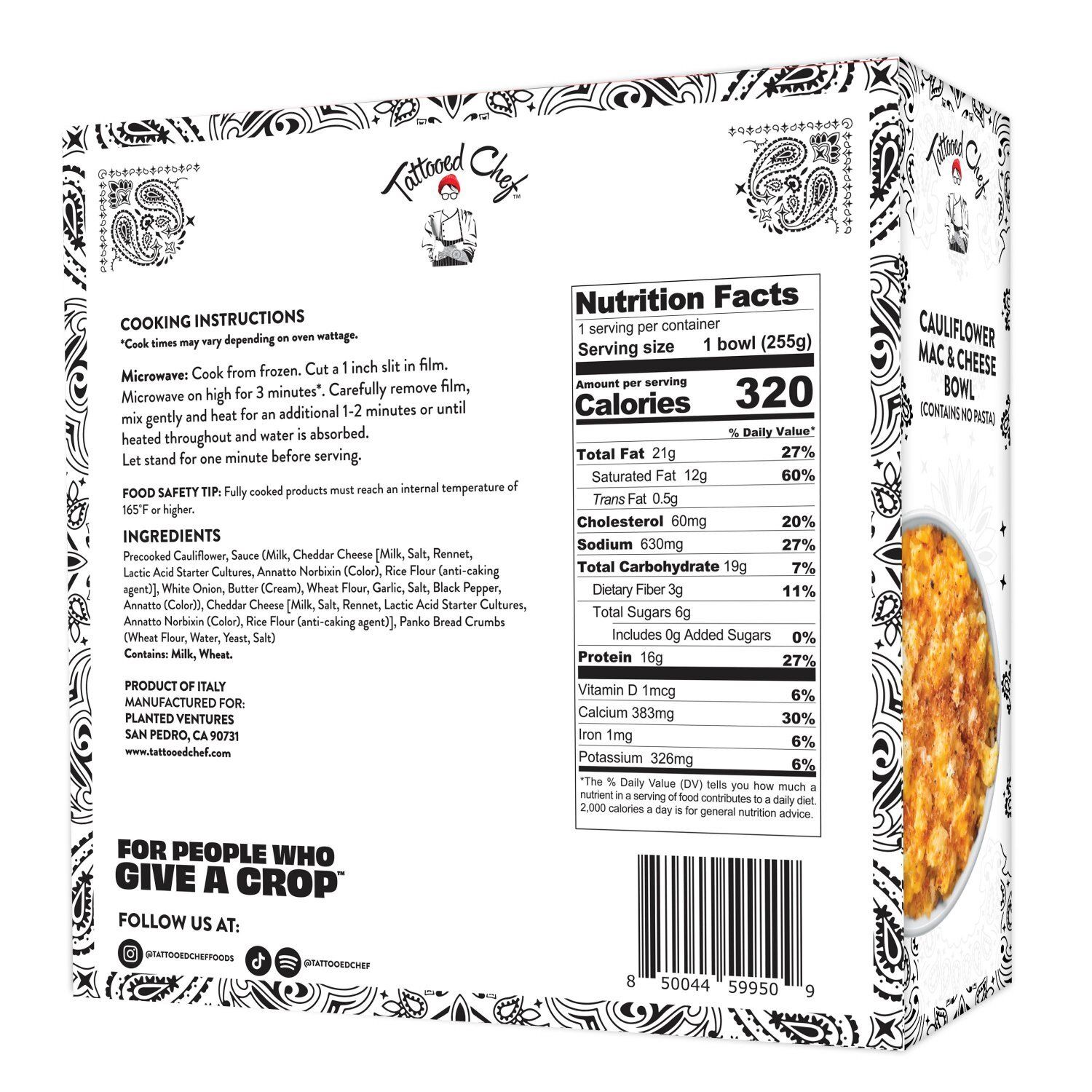 Tattooed Chef Cauliflower Mac &amp; Cheese Bowl, 9 oz