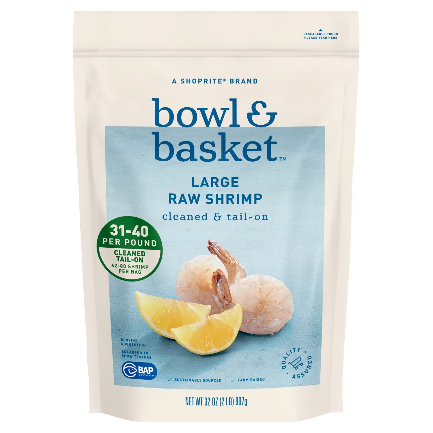 Bowl &amp; Basket Cleaned &amp; Tail-On Raw Shrimp, Large, 62-80 shrimp per bag, 32 oz