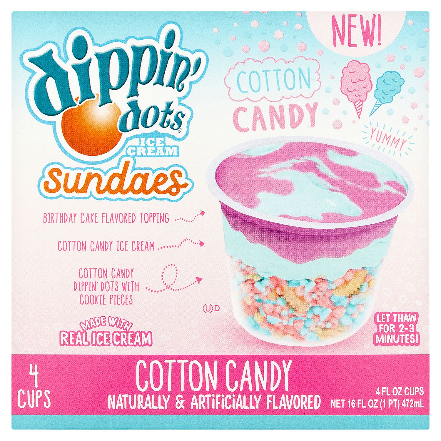 Dippin&#39; Dots Sundaes Cotton Candy Ice Cream, 4 fl oz, 4 count