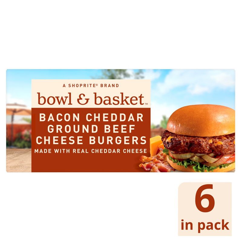 Bowl &amp; Basket Bacon Cheddar Ground Beef Cheese Burgers, 1/3 pound, 6 count