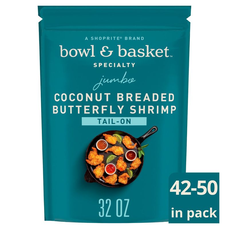 Bowl &amp; Basket Specialty Tail-On Jumbo Coconut Breaded Butterfly Shrimp, 42-50 shrimp per bag, 32 oz