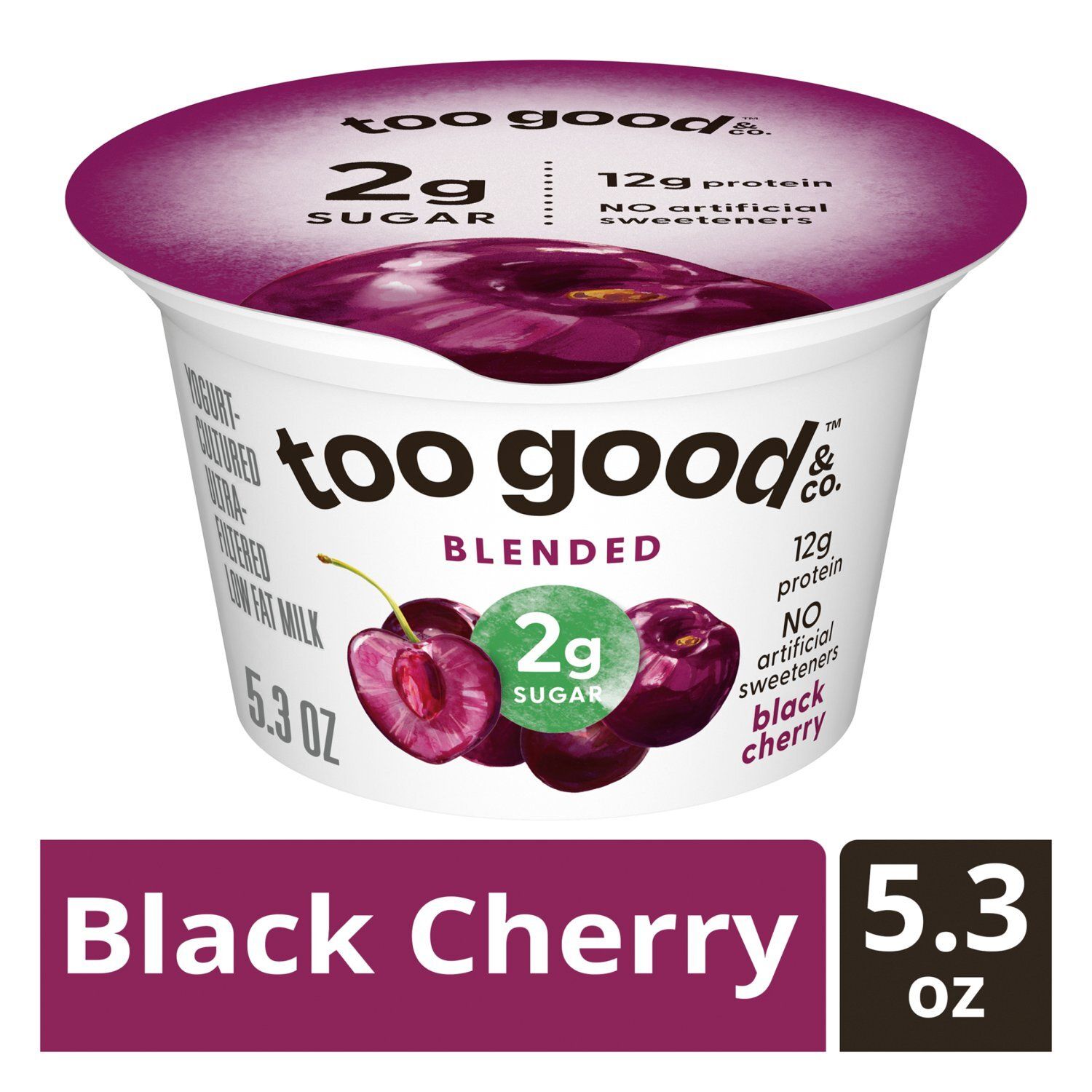 Too Good &amp; Co. Black Cherry Blended Yogurt-Cultured Ultra-Filtered Low Fat Milk, 5.3 oz