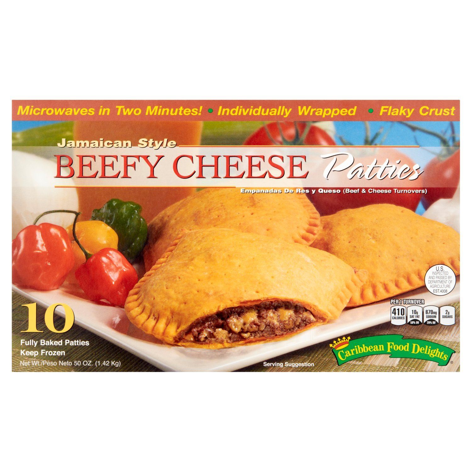 Caribbean Food Delights Jamaican Style Beefy &amp; Cheese Turnovers Patties, 10 count, 50 oz
