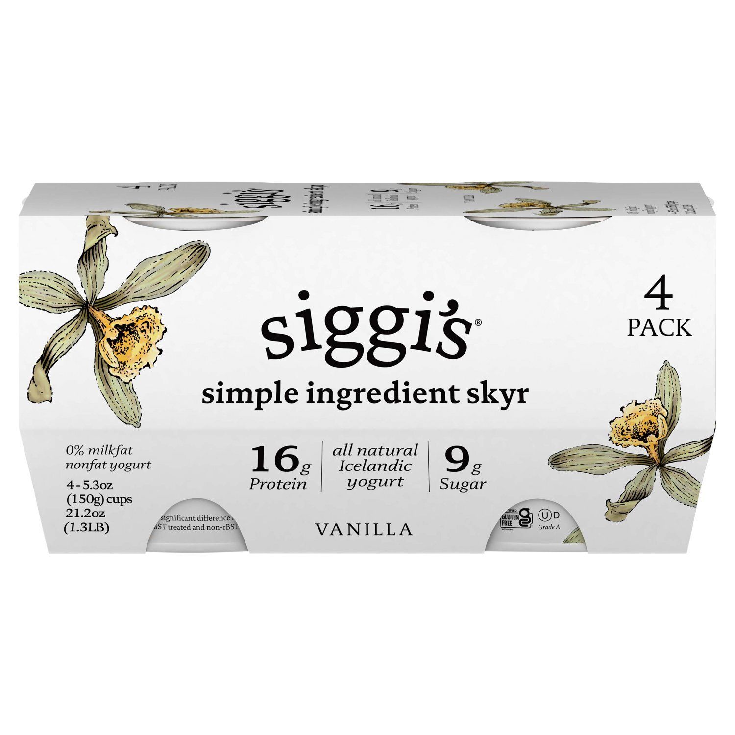 Siggi&#39;s Simple Ingredient Skyr Vanilla Nonfat Yogurt, 5.3 oz, 4 count