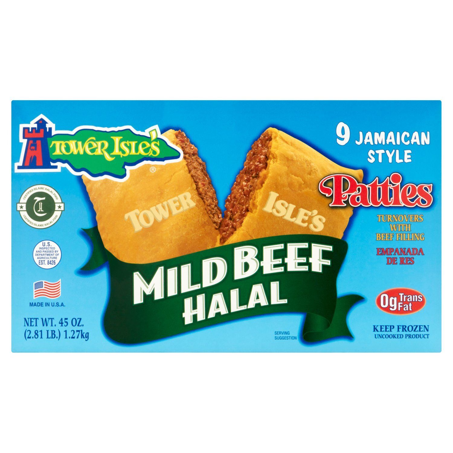 Tower Isle&#39;s Jamaican Style Mild Beef Halal Patties, 9 count, 45 oz