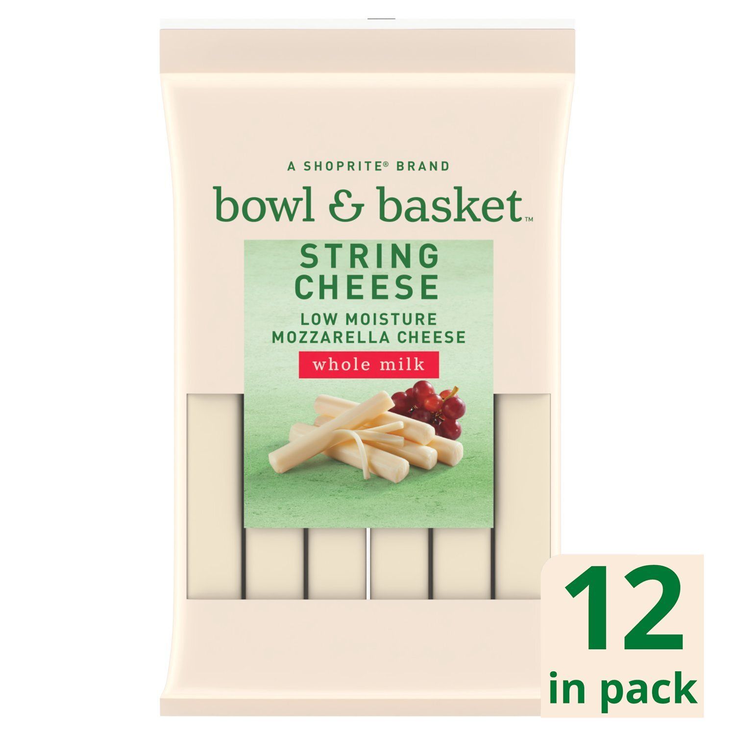 Bowl &amp; Basket Whole Milk Low Moisture Mozzarella String Cheese, 12 count, 12 oz