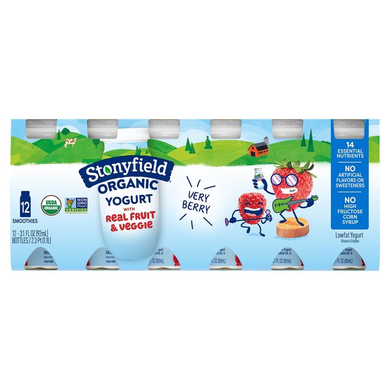 Stonyfield Organic Very Berry Lowfat Yogurt Smoothies, 3.1 fl oz, 12 count