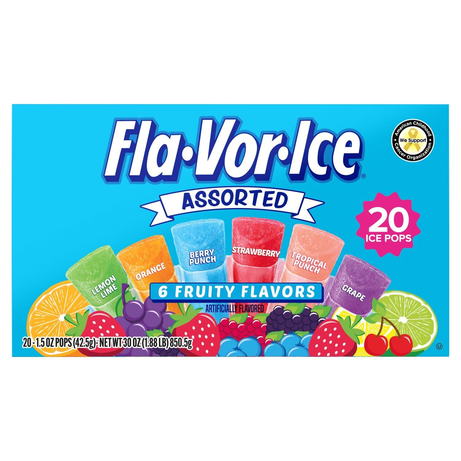 Fla-Vor-Ice Assorted 6 Fruity Flavors Ice Pops, 1.5 oz, 20 count