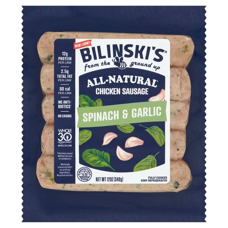 Bilinski&#39;s All-Natural Spinach &amp; Garlic Chicken Sausage, 12 oz