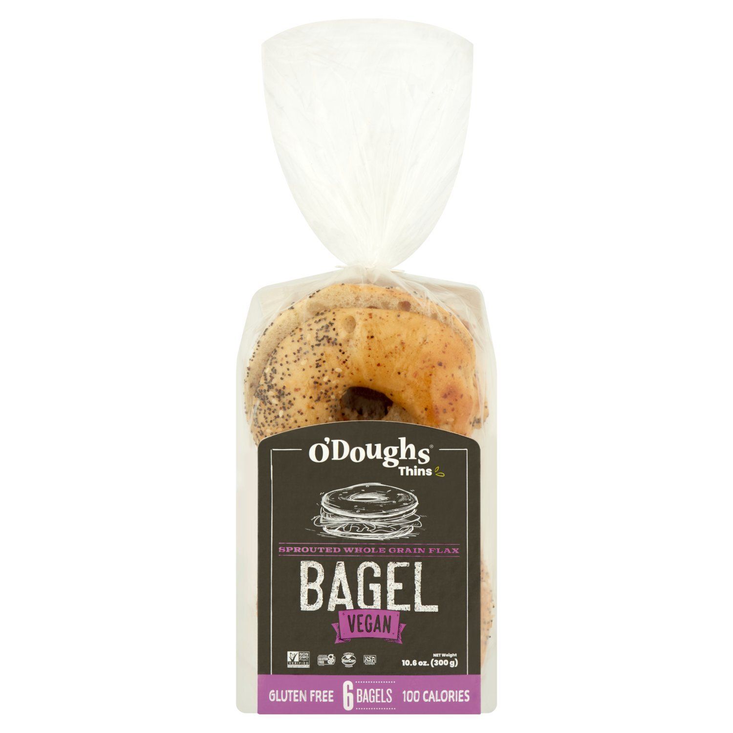 O&#39;Doughs Thins Sprouted Whole Grain Flax Vegan Gluten Free Bagels, 6 count, 10.6 oz