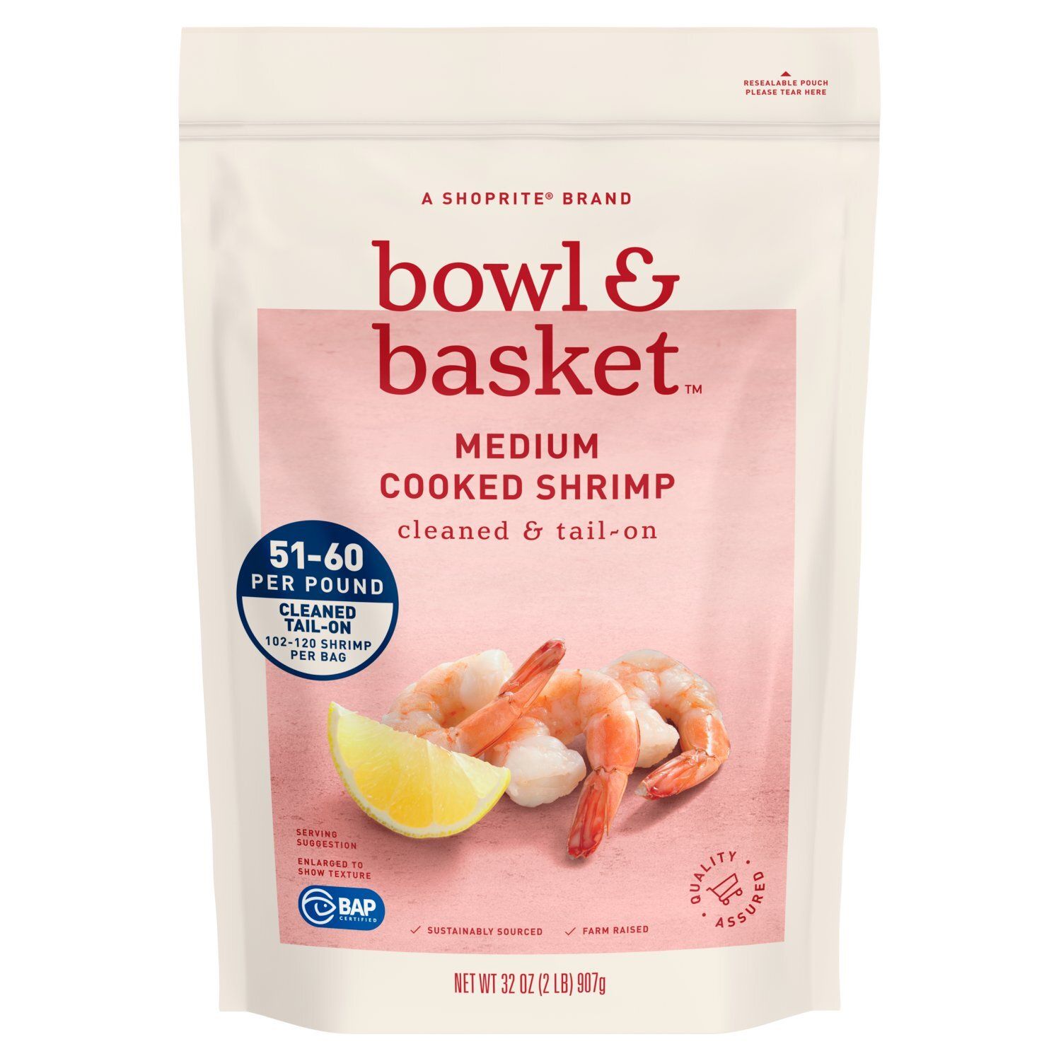 Bowl &amp; Basket Cleaned &amp; Tail-On Cooked Shrimp, Medium, 102-120 shrimp per bag, 32 oz