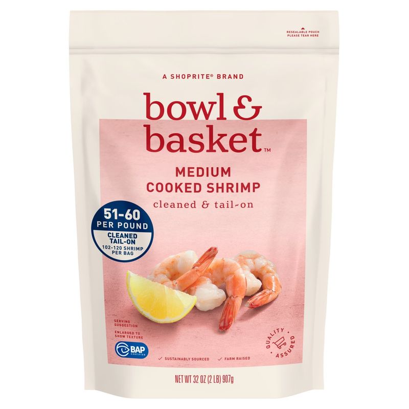 Bowl &amp; Basket Cleaned &amp; Tail-On Cooked Shrimp, Medium, 102-120 shrimp per bag, 32 oz