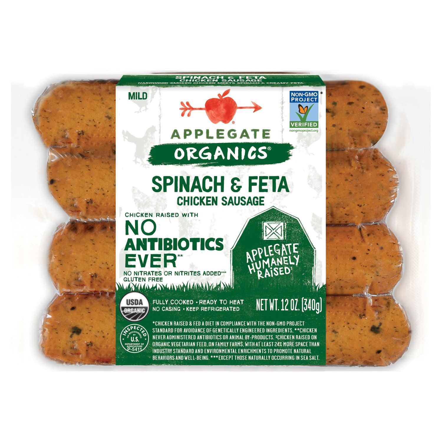 APPLEGATE Organics Mild Spinach &amp; Feta Chicken Sausage, 4 count, 12 oz