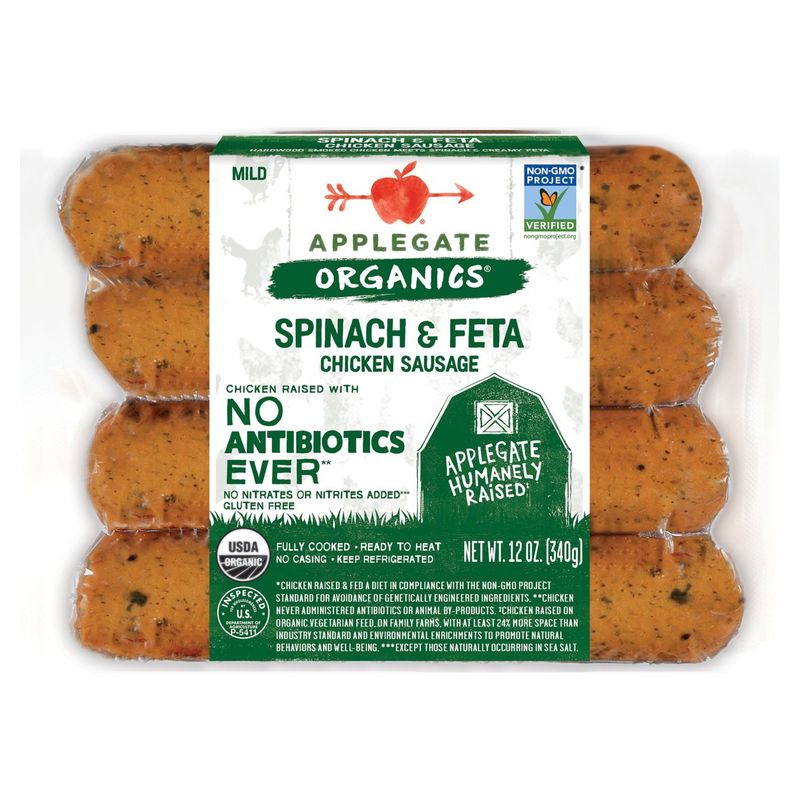 APPLEGATE Organics Mild Spinach &amp; Feta Chicken Sausage, 4 count, 12 oz