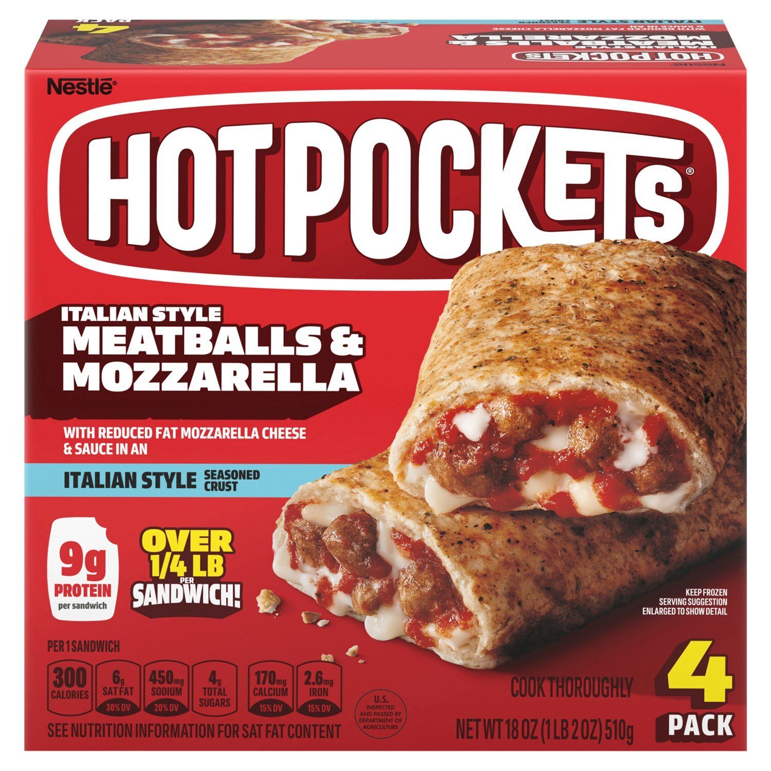 Hot Pockets Italian Style Meatballs &amp; Mozzarella Seasoned Crust Sandwiches, 4 count, 18 oz
