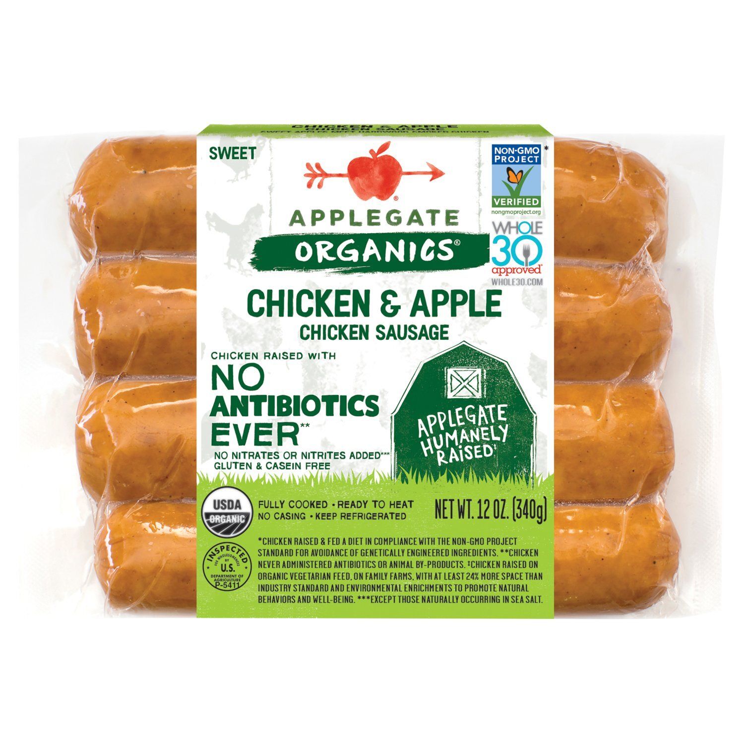 Applegate Organics Sweet Chicken &amp; Apple Chicken Sausage, 4 count, 12 oz