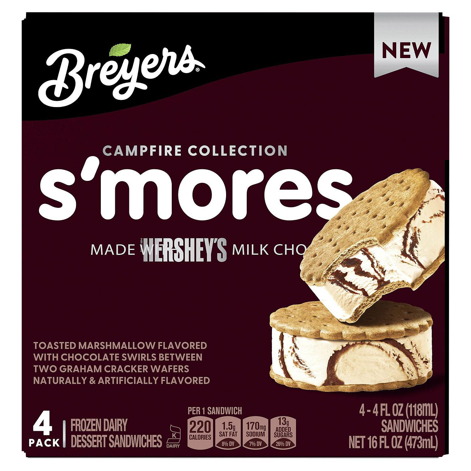 Breyers S&#39;mores Frozen Dairy Dessert Sandwiches, 4 fl oz, 4 count