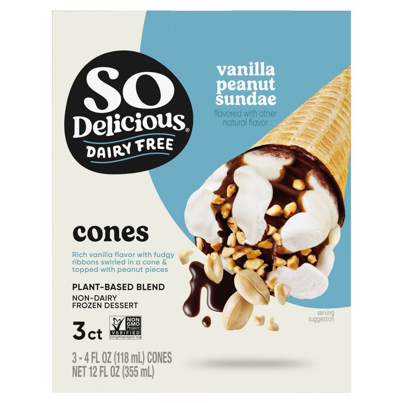So Delicious Dairy Free Vanilla Peanut Sundae Non-Dairy Frozen Dessert Cones, 4 fl oz, 3 count