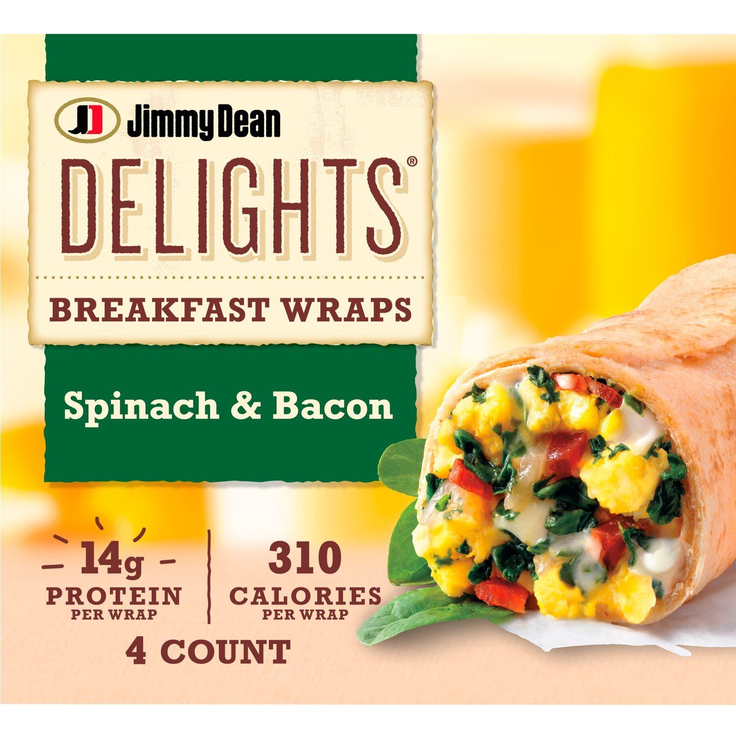 Jimmy Dean Delights Spinach &amp; Bacon Breakfast Wraps, 4 count, 17 oz