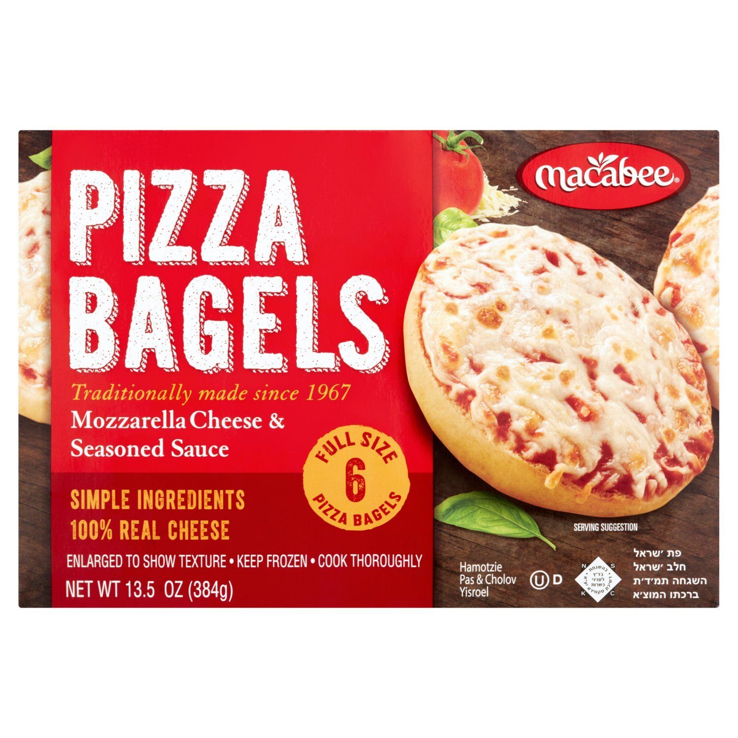 Macabee Mozzarella Cheese &amp; Seasoned Sauce Pizza Bagels, 6 count, 13.5 oz