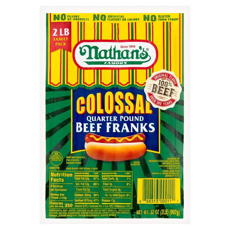 Nathan&#39;s Famous Colossal Quarter Pound Beef Franks Family Pack, 32 oz